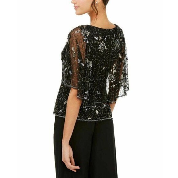 Women's 6 Adrianna Papell Embellished Capelet Top BLACK SEQUINS BEADS MESH - Picture 2 of 8